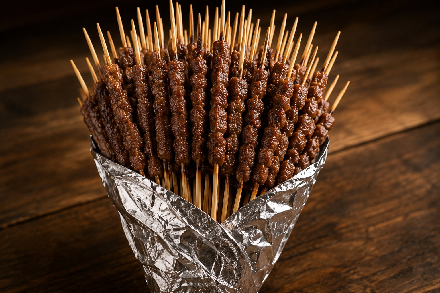 Bundle of arrosticini wrapped in foil