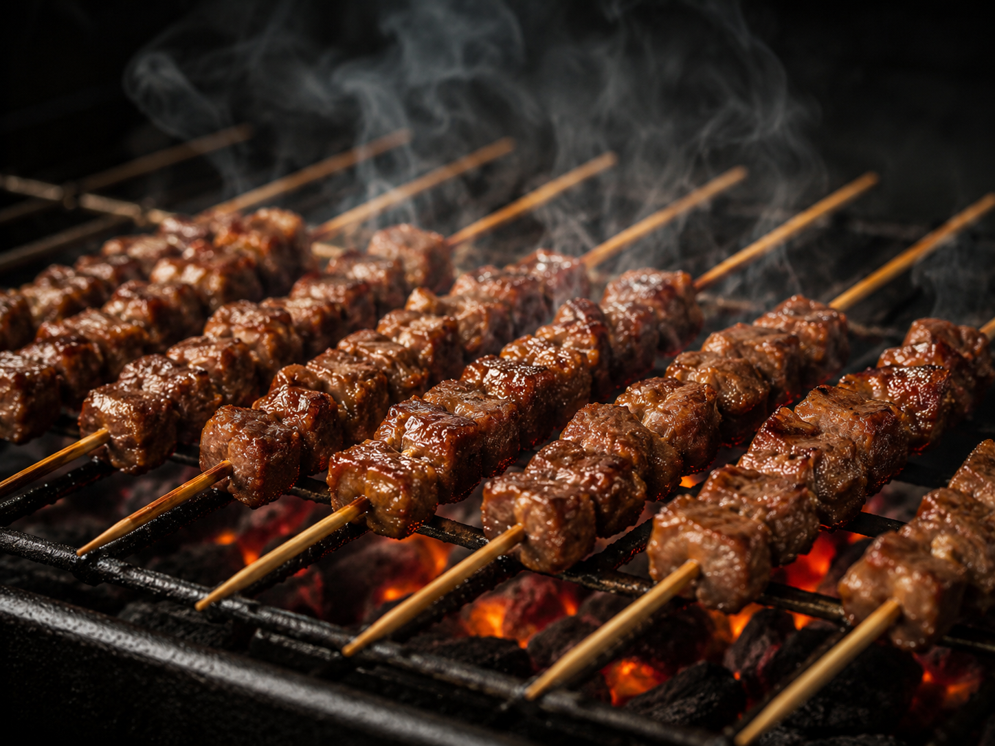 Placing arrosticini on the grill