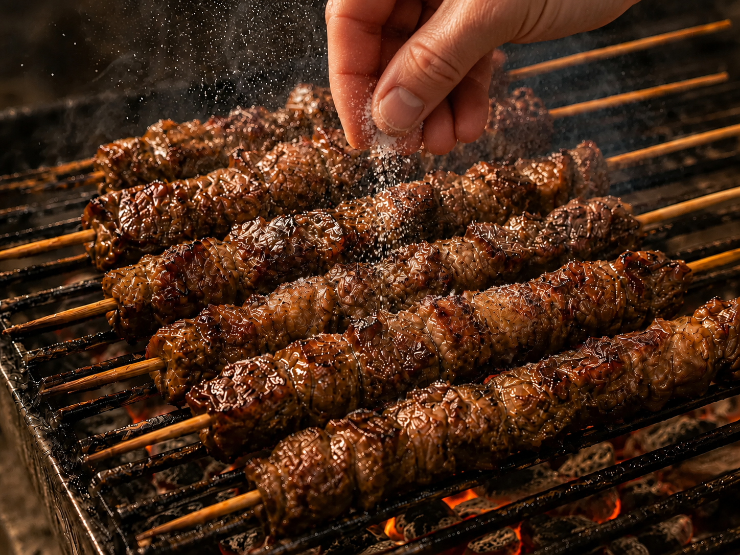 Turning arrosticini and adding salt