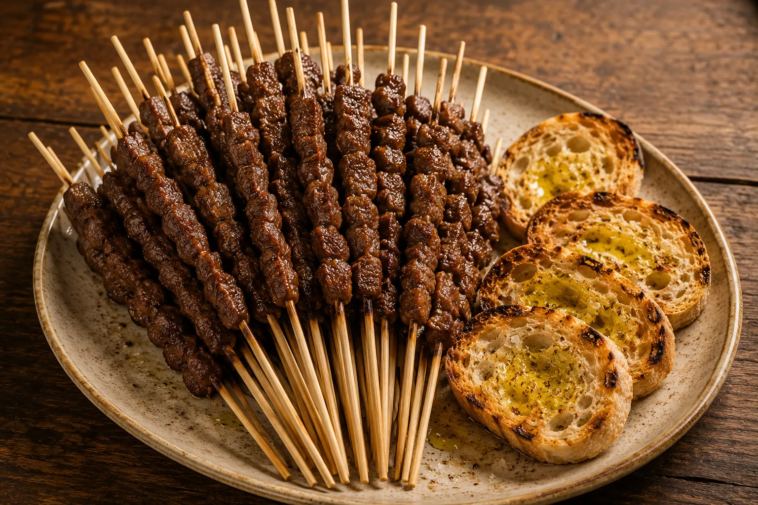 Arrosticini piled on a plate with toasted bread and olive oil